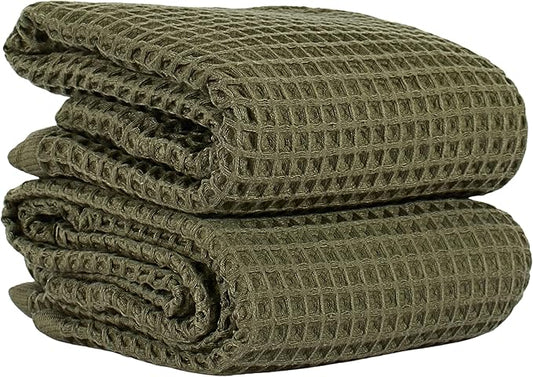 PÜSKÜL Natural 100% Turkish Cotton Waffle Bath Towels Set of 2-Piece | 32x63 inch Extra Large Absorbent Quick-Dry Lightweight Spa Towel | Honeycomb Weave Towel (Khaki Green Bath Towels - Pack of 2)