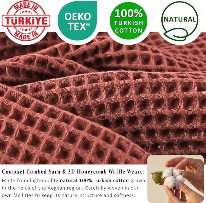 PÜSKÜL 4-Piece Natural 100% Turkish Cotton Luxury Waffle Towels for Bathroom | Premium Quality Honeycomb Weave 2 Hand Towel & 2 Bath Towel Set | Soft Absorbent Quick-Dry Lightweight Towels (Brick)