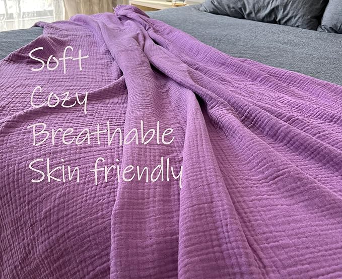KyraHome 100% Organic Cotton 50"x60" Muslin Throw Blankets for Adults, Couch Picnic, Travel, Plant Dyed, Lightweight Gauze Soft Summer Blankets, All Season, Purple/Lavender