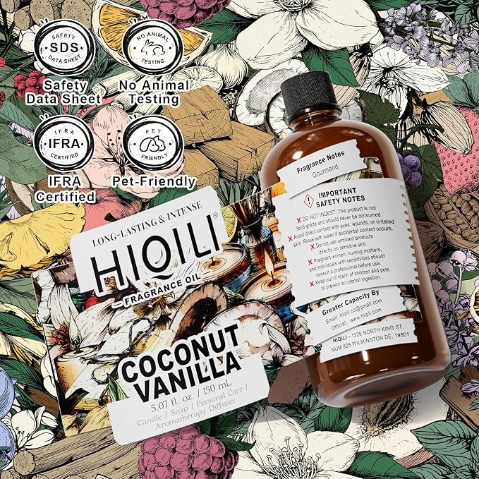 HIQILI Coconut Vanilla Fragrance Oil for Home Diffuser - 5.07 Fl Oz | for Candle & Soap Making Supplies, Essential Oils for Home and Car Humidifier - 150 ML