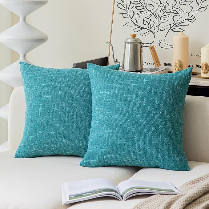 Kevin Textile Faux Linen Square 2 Tone Woven Fine Throw Pillow Sham Cushion Case Covers for Car/Couch Use, 18-inch(2 Packs, Peacock Blue)