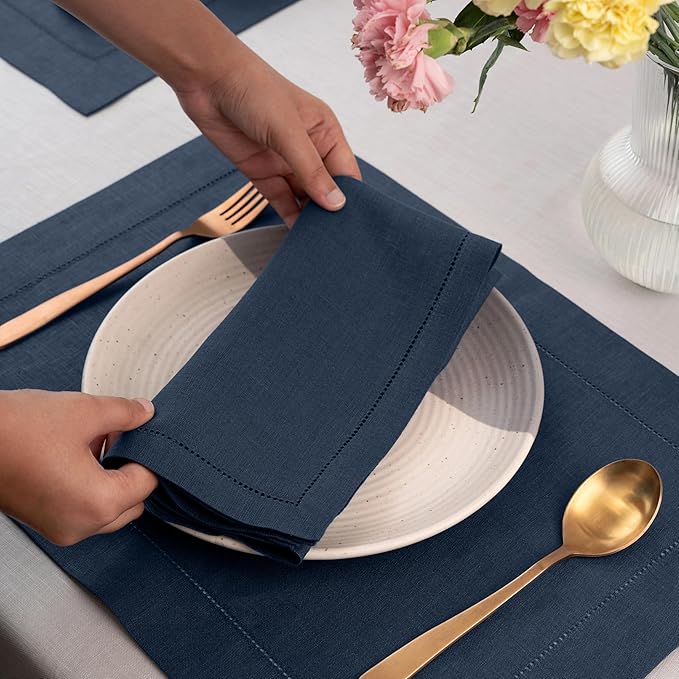 Signature Linen™ by D'Moksha Navy Blue Dinner Napkins Set of 4, 20 x 20 Inch Cloth Napkins, 100% Pure Linen, Hemstitch, Machine Washable Table Napkins- Summer, Father's & Independence Day