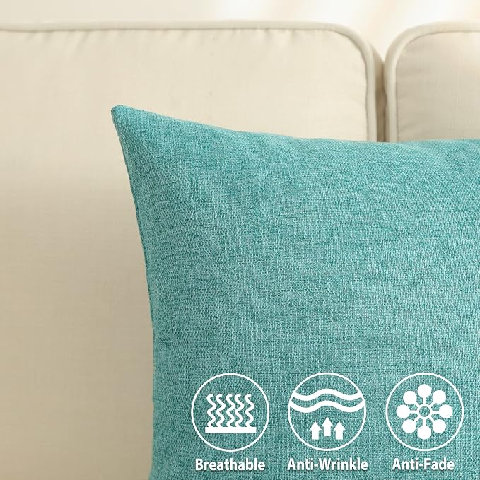 Stellhome Burlap Large Throw Pillow Covers Textured Farmhouse Linen Pillowcase for Bed Couch Sofa Bench Rustic Pillows Neutral Accent Cushion Cases Set of 2, 24 x 24 inch (60 x 60 cm), Blue Green