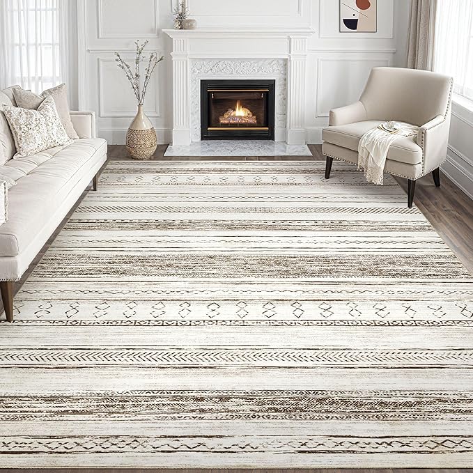 Tortania Area Rug Living Room Rugs - 7x9 Washable Large Soft Neutral Boho Moroccan Bohemian Farmhouse Rug Indoor Floor Carpet for Bedroom Under Dining Table Home Office Decor - Beige