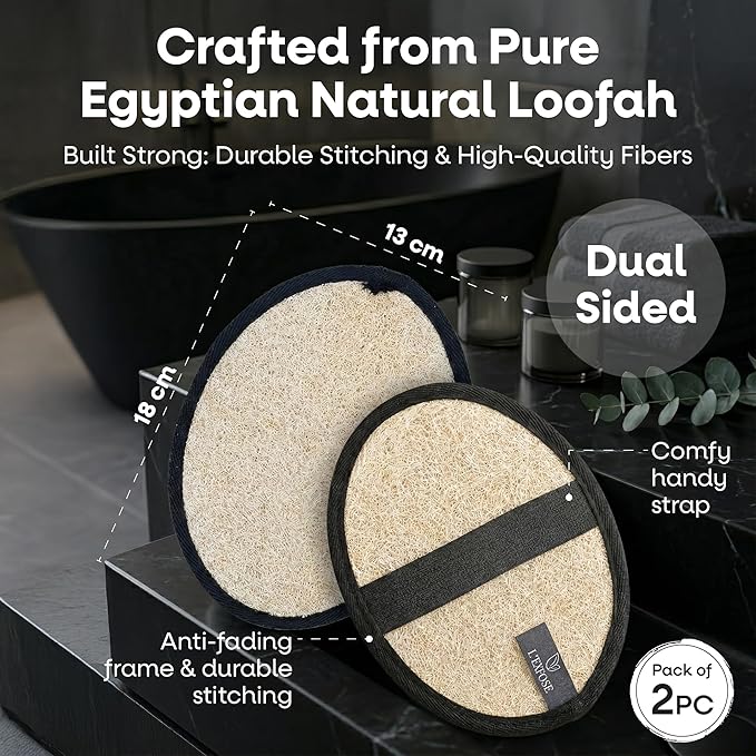 L'Exfose Mens Loofah – Natural Egyptian Fiber Loofah for Men, Exfoliating Mens Scrubber for Shower – Men's Exfoliator Pad Duo – Quick Dry Black Set with Sisal Soap Saver Bag