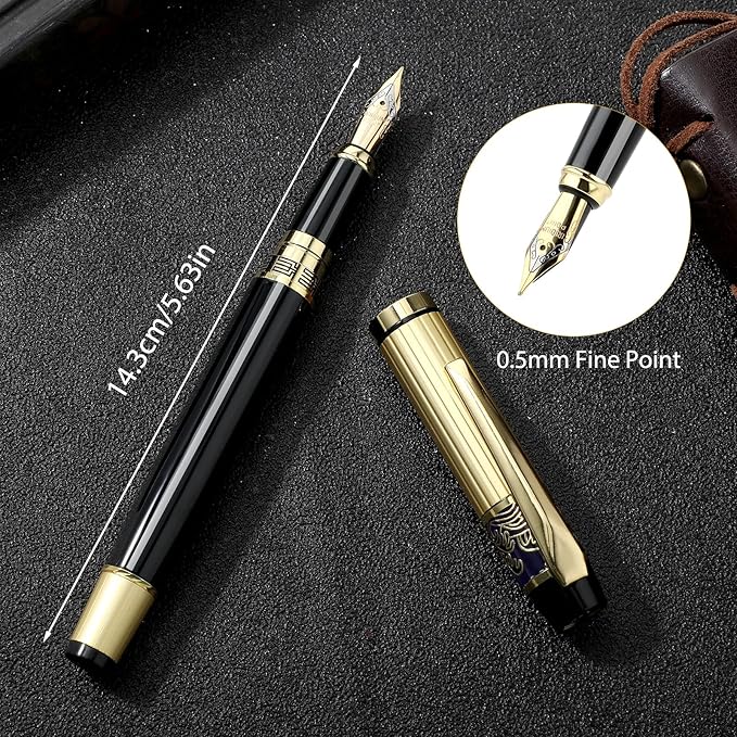 Andibro Metal Fountain Pens, With 10 Black Ink 2.6mm Cartridges, 0.5mm Luxury Fine Point Fountain Pen Business Pen Smooth Writing Stainless Steel Pen Calligraphy Pen for Office School Supplies(Blue)