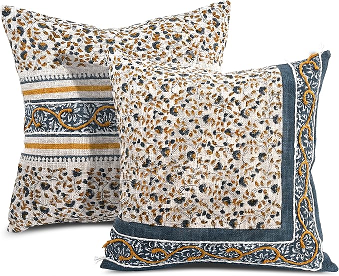 Ridhi Cream Mustard Blue Cotton Cushion Cover 20x20 Inch Decorative Throw Pillow Cover for Sofa, Living Room, Bedroom Decor, Soft, Cushion Case for Spring, Easter, Mother's Day