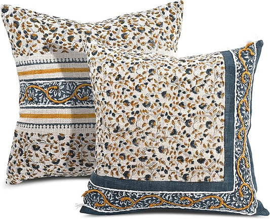 Ridhi Cream Mustard Blue Cotton Cushion Cover 20x20 Inch Decorative Throw Pillow Cover for Sofa, Living Room, Bedroom Decor, Soft, Cushion Case for Spring, Easter, Mother's Day
