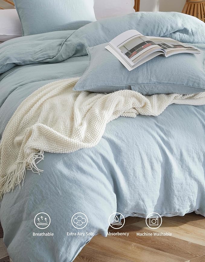 100% French Flax Linen Duvet Cover Set, King Size 104''x90'' 3 Pcs with 8 Corner Ties and Button Closure, Soft and Breathable for All Season(Blue, King)