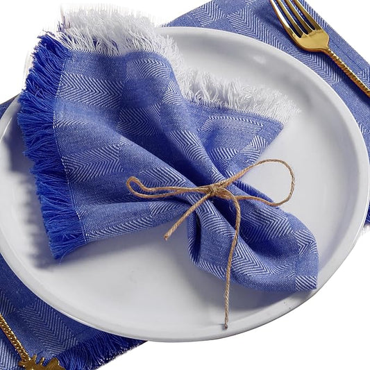 Native Fab Herringbone Cloth Napkins 16x16 inches, 100% Cotton Dinner Napkins with Fringes, Set of 4 Decorative Frayed Edges, Washable Table Linen Napkins, Soft Breathable Absorbent, Ink Blue