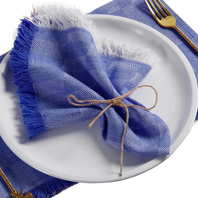 Native Fab Herringbone Cloth Napkins 16x16 inches, 100% Cotton Dinner Napkins with Fringes, Set of 12, Decorative Frayed Edges, Washable Table Linen Napkins, Soft Breathable Absorbent, Ink Blue