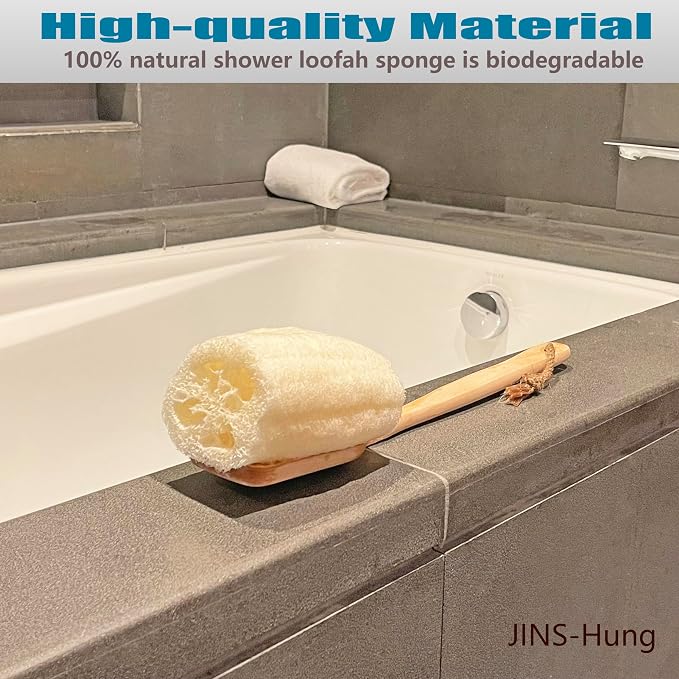 Natural Loofah Exfoliating Bath Brush - Body luffa loofa Sponge On a Stick - Sponge Scrubber with Long Wooden Handle Back Brush for Men & Women - Bath Spa Shower （1 Pack）