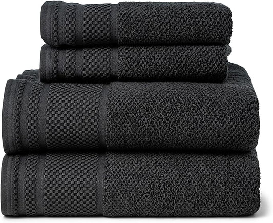 Texere 100% Organic Cotton Rice Weave Jacquard 700 GSM Luxury Bath Towel Sets - Ultra Soft and Absorbent Hotel and Spa Quality (Rice Weave, Black, 2 Bath & 2 Hand Towels)