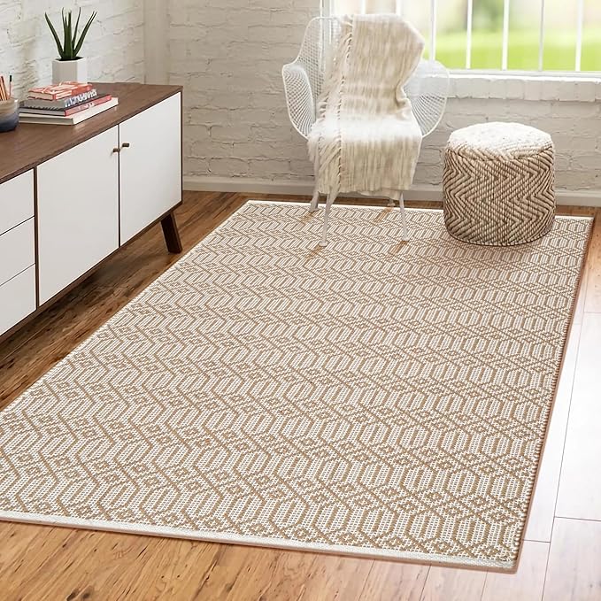 Cotton Diamond Hand Woven Area Rug 3x5 Feet - Beige, Large Farmhouse Geometric Dinning Space Rugs Ideal for Bedroom, Living Room, Office | Neutral Fibre Non Slip Patio Mats for Balcony Décor
