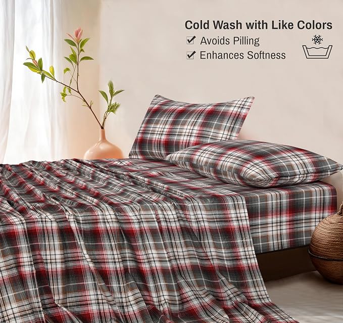 RUVANTI Flannel Sheets King Size - 100% Cotton Double Brushed King Size Sheets Set - Deep Pockets 16 Inches Bed Sheets - All Seasons Breathable & Extra Soft - Warm & Cozy, 4 Piece, Halloween Check