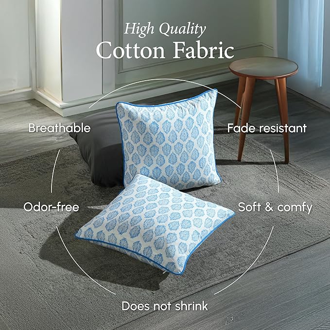 CPC 100% Cotton Throw Pillow Covers 24x24 Inch, Set of 2 Green Block Print Pattern Couch Pillow, Cute Boho Decorative Pillows for Living Room, Bedroom with Hidden Zipper- Royal Blue