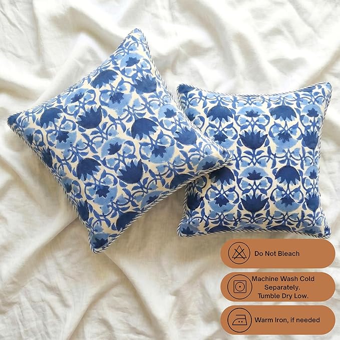 ATOSII Block Print Throw Pillow Covers, 20" X 20" - Set of 2, Decorative Couch Pillows for Living Room Bed Sofa, 100% Cotton Canvas Pillow Case for Home Decor & Outdoors, Preppy Throws - Positano Blue