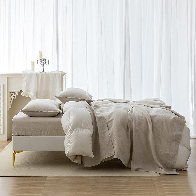 EVERLY Linen Sheets Set Full Size,100% French Stonewash Pure Linen Bed Sheets,4Pieces (1Flat Sheet,1Fitted Sheet,2Pillowcase) Suitable for Hot Sleepers,Deep Pocket Natural Bedding Set