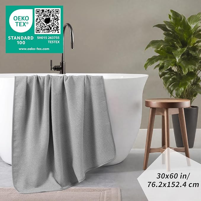 POLYTE 380 GSM Microfiber Oversize Quick Dry Lint Free Waffle Bath Towel for Body, 60 x 30 in, Set of 2