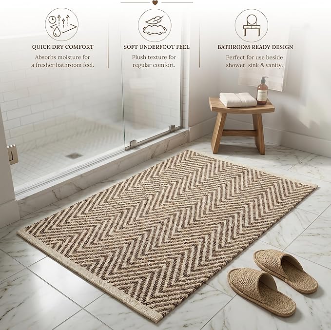 Cotton Chevron Hand Woven Area Rug 2x3 Feet - Beige, Farmhouse Decorative Floor Small Rugs Ideal for Entryway, Kitchen, Bedroom | Linen Washable Neutral Geomatric Reversible Front Door Patio Mats