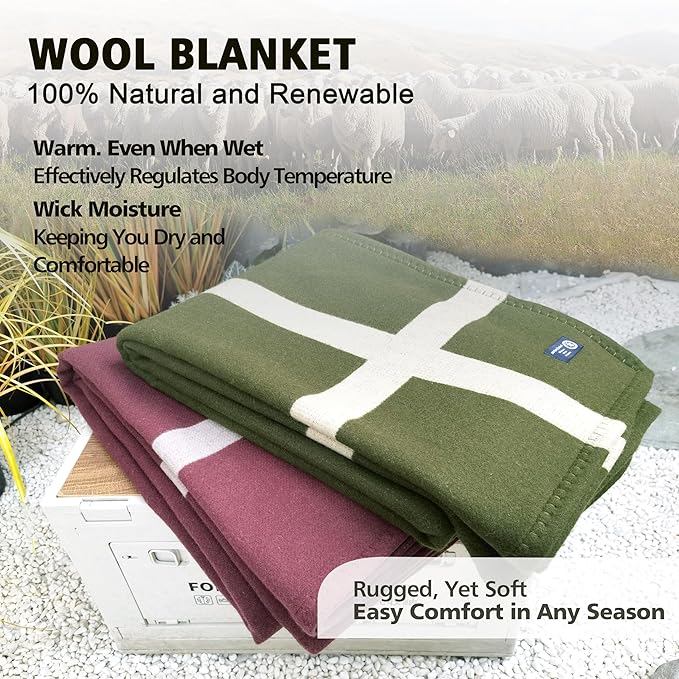Wool Blanket & Throws 90% Wool Warm Blanket Soft Couch Blankets 75"x55" Twin Throw Blankets for Living Room, Camping, Outdoors, or Car Travel with Exquisite Box for Gift (OliveGreen)