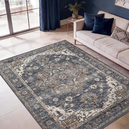Keen Home Design 5x7 Rug - Machine Washable Area Rug with Non-Slip Backing, Ideal for Living Room, Dining Room, Bedroom - Vintage, Easy Clean, Durable, Low Pile Rug - (5' x 7')