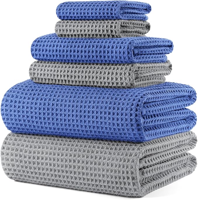 POLYTE 430 GSM Microfiber Quick Dry Lint Free Oversize Bath Towel Set, 6 Piece (Waffle Weave)