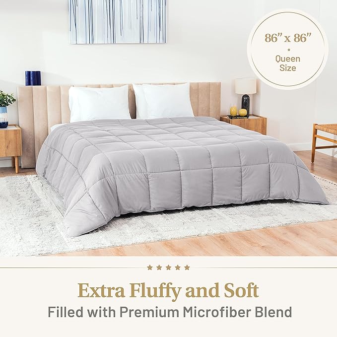 Lavish Comforts® Grey Comforter Queen – Fluffy Down Alternative Duvet Insert, Light Grey Comforter, All-Season Bedding, Hypoallergenic, Machine Washable, Queen Duvet Insert with Corner Loops