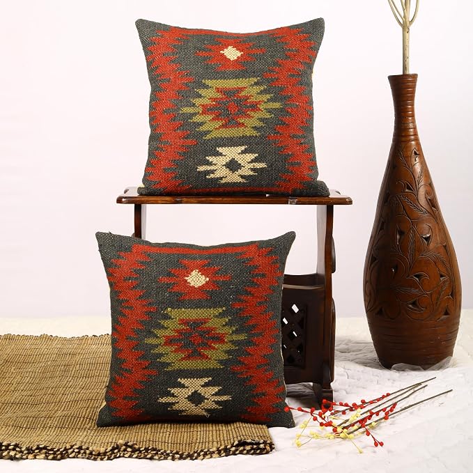Trade Star Set of 2 Kilim Cushion Covers Throw Pillow Cover 70% Jute 30% Wool Pillows Handwoven Pillowcase 18x18 Inches Designer Handloomed Rug Decorative Cushion case (Kilim 19)