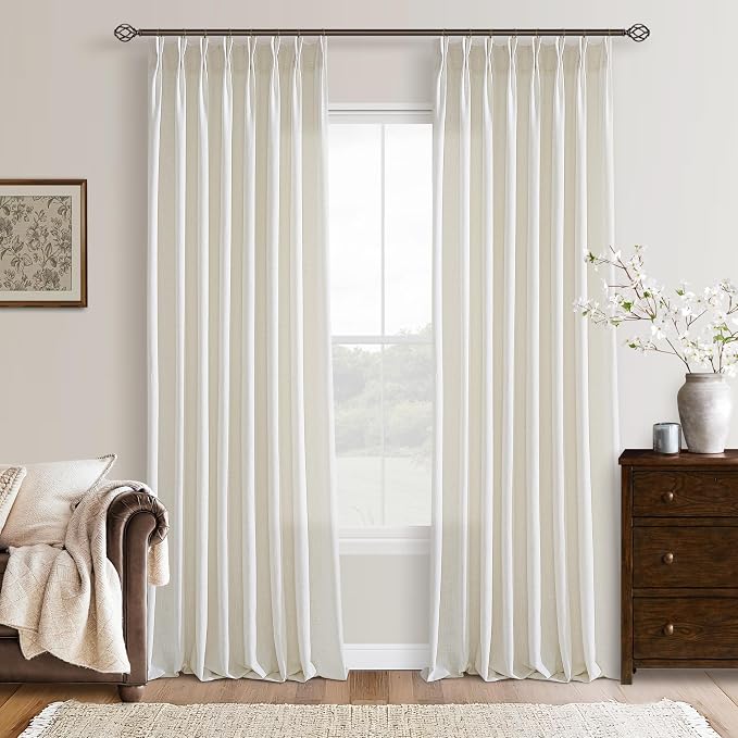 126 Inch Long Pinch Pleat Linen Curtains for Living Room 2 Panels Set Natural Cream Boho Semi Sheer Light Filtering Neutral 126 Inch Pleated Curtain with Rings Hooks Floor Ceiling Bedroom Window