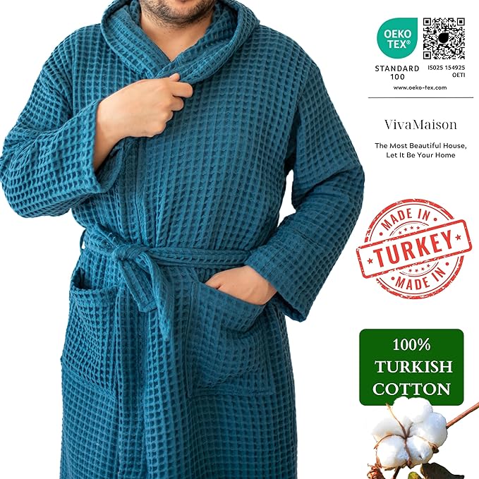 100% Turkish Cotton Men's Waffle Robe with Hooded, Premium Soft Cozy Housecoat or Quick-Dry Bathrobe for Mens
