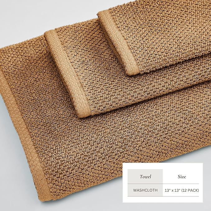 Great Bay Home 100% Cotton 12-Pack 13x13 Wash Cloth - Absorbent, Quick-Drying, Durable Face Towels for Bathroom Decor - Low-Twist, Two-Ply Fibers (Mocha)