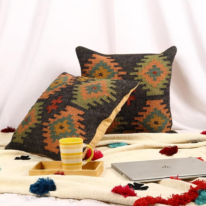 Trade Star 70% Jute 30% Wool Designer Cushion Cover Set of 2 Throw Pillow Covers Kilim Cushion Cover Handwoven Pillowcase Handloomed Rug Decorative Cushion Cases 18x18 Inches (Kilim 14)