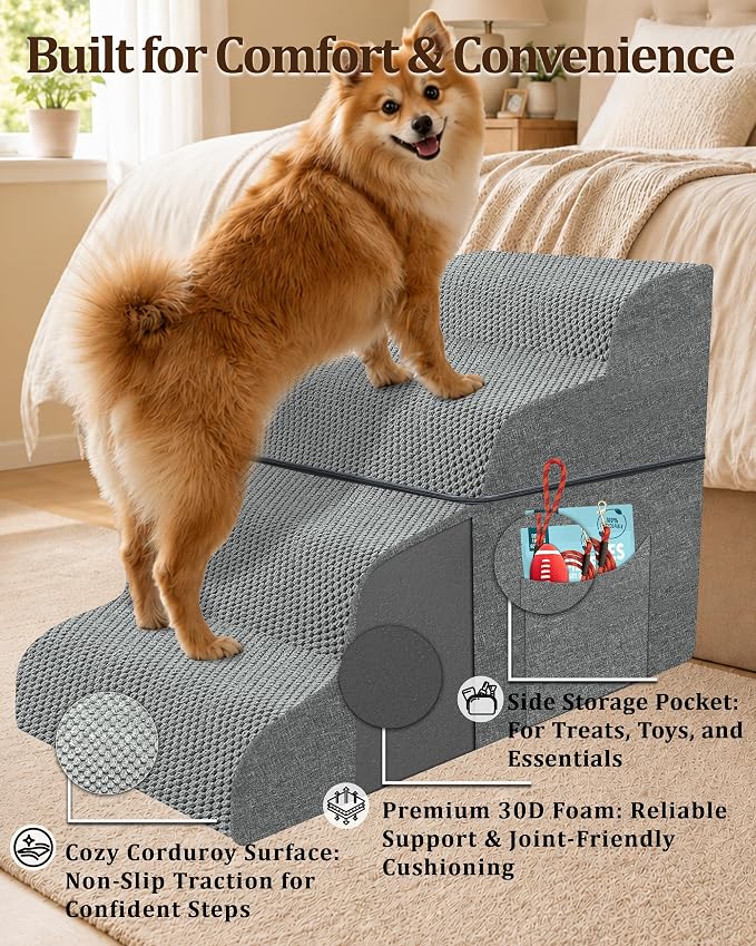 Dog Stairs for Bed, 19" H 4-Step Dog Steps for Window Seat & Loft Couch, Non-Slip Stable Pet Stairs for Small & Senior Dogs, Senior-Friendly Gentle Steps, Foldable Doggy Stairs for Resting