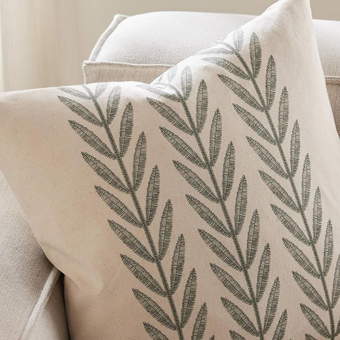 100% Cotton Farmhouse Leaves Throw Pillow Covers Set of 2, 24x24 Inch Green Pastoral Decorative Print Cushion Covers for Sofa Bed Living Room Home Decor