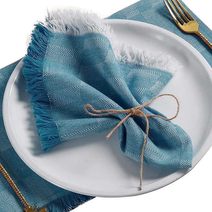 Native Fab Herringbone Cloth Napkins 16x16 inches, 100% Cotton Dinner Napkins with Fringes, Set of 12, Machine Washable Cloth Napkins, Soft Breathable Absorbent, Teal Green