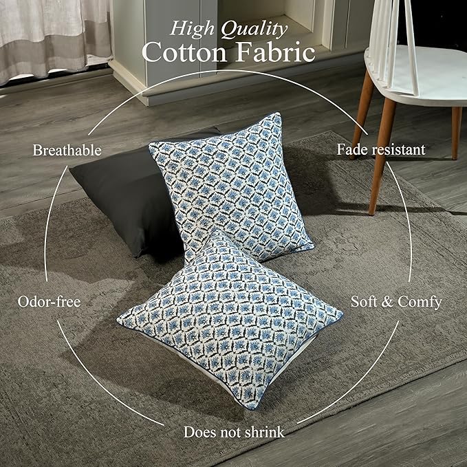 CPC Jeans Blue Block Print Throw Cushion Cover 18 x 18 Inch Set 2 - Decorative Boho Floral Pillow Case for Living Room, Bed, Sofa, Couch, Home Decor Cushion Cover Gift for Spring, Mother's Day