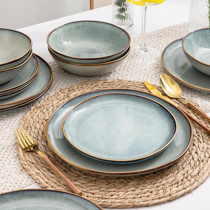 AmorArc Ceramic Dinnerware Sets,Handmade Reactive Glaze Stoneware Plates and Bowls Sets,Highly Scratch Resistant | Dishwasher & Microwave Safe Dishes Set,Service for 4 (12pc)