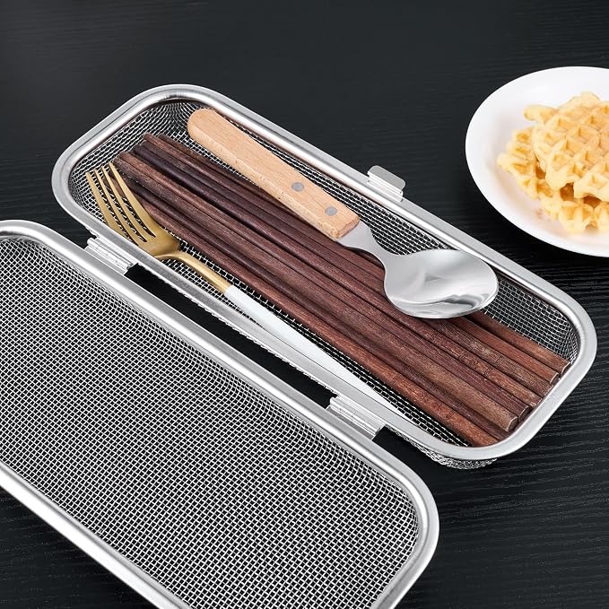 Chopstick Holder for Dishwasher, Kitchen Small utensil organizer for drawer, Mesh 304 Stainless Steel with Lid and Lock, Great accessory for Chopstick or Straw
