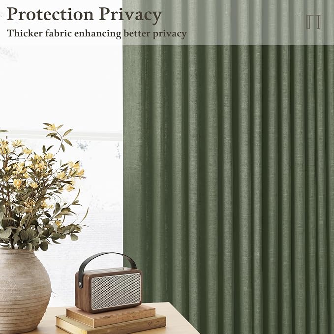 Olive Green Linen Curtains 102 Inches Long for Living Room Pinch Pleated Drape with Hooks Rings for Track System Light Filtering Green 102 Inch Curtain for Bedroom Sliding Patio Door 2 Panels 50x102
