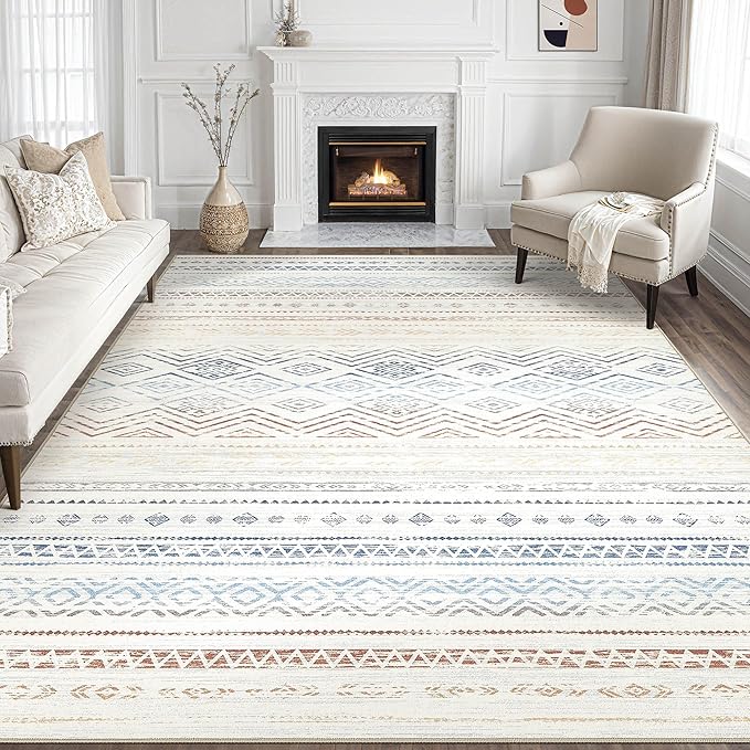 Tortania Area Rug Living Room Rugs- 9x12 Washable Large Soft Neutral Boho Moroccan Bohemian Farmhouse Rug Indoor Floor Carpet for Bedroom Under Dining Table Home Office Decor - Multicolor