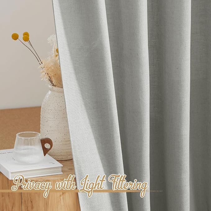 NICETOWN Linen Gray 108 inch Curtains for Living Room, Rod Pocket & Back Tab Flax Linen Burlap Semi Sheer Eclectic Window Treatments Privacy with Light Filtering for Living Room, W52 x L108