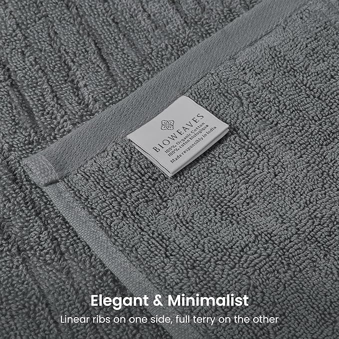 BIOWEAVES 100% Organic Cotton 6-Piece Luxury Bathroom Ribbed Towel Set GOTS Certified 700 GSM, 2 Bath Towel, 2 Hand Towel & 2 Wash Cloths - Pewter