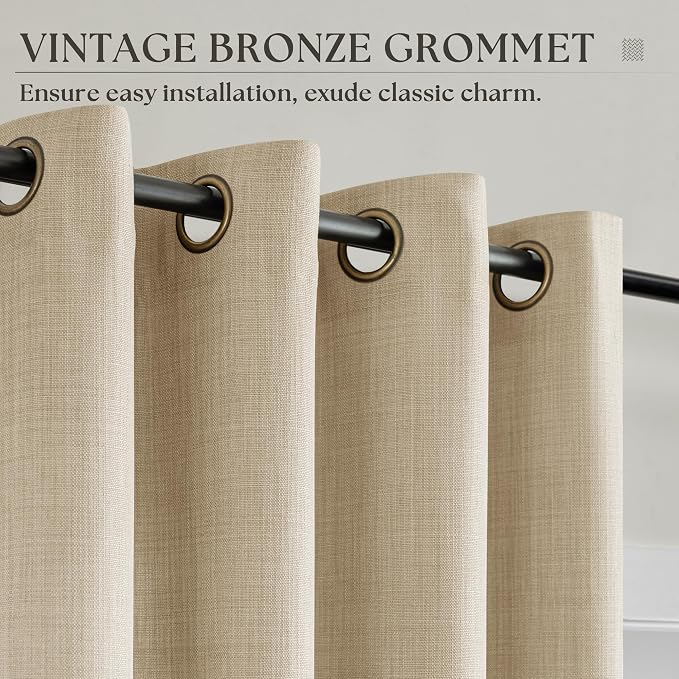 Beige Linen Curtains 100 Inch Long for Living Room Flax Linen Semi Sheer Light Filtering Privacy Bronze Grommet Drapes Elegant Boho Farmhouse Window Curtains for Bedroom Warm Beige 52x100