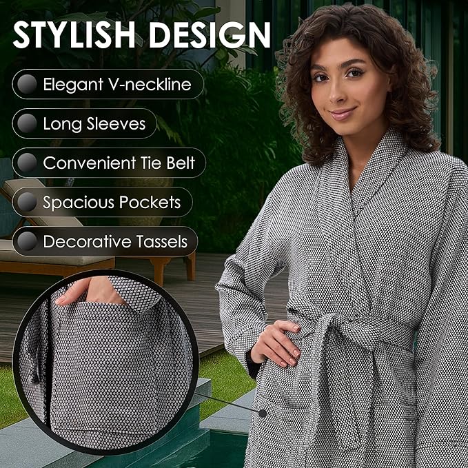 ATANI 100% Turkish Cotton Bathrobe S-XXL for Women & Men – Peshtemal Style Soft Cozy Lounge Robe, Absorbent & Lightweight