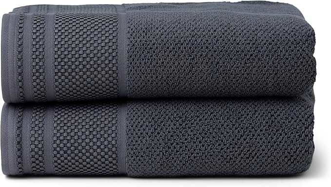 Texere 100% Organic Cotton Rice Weave Jacquard 700 GSM Luxury Bath Towel Sets - Ultra Soft and Absorbent Hotel and Spa Quality (Rice Weave, Charcoal, 2 Bath Towels)
