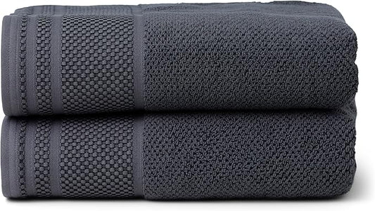 Texere 100% Organic Cotton Rice Weave Jacquard 700 GSM Luxury Bath Towel Sets - Ultra Soft and Absorbent Hotel and Spa Quality (Rice Weave, Charcoal, 2 Bath Towels)