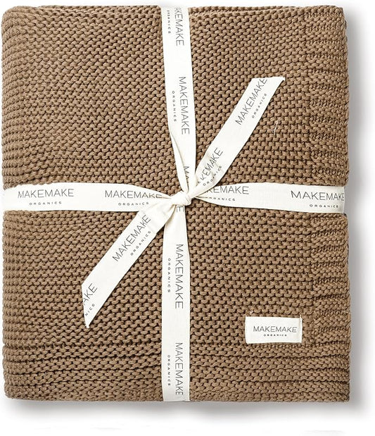 MakeMake Organics Organic Cotton Throw Blanket GOTS Certified Organic Knit Blanket Couch Bed Neutral Fall Colors Soft Cotton Throw Blanket Large (50x60, Brown)