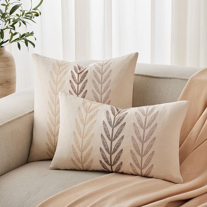 100% Cotton Farmhouse Leaves Throw Pillow Covers Set of 2, 22x22 Inch Mixed Beige Pastoral Decorative Print Cushion Covers for Sofa Bed Living Room Home Decor