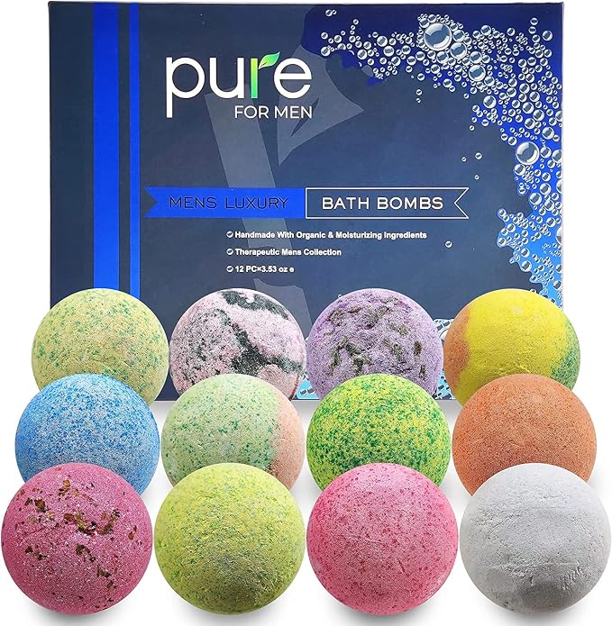 Pure Bath Bomb Gift Set for Men, 12 XL Organic Bath Bombs for Men Relaxing Bath Spa Gift Idea for Dad, Husband, Boyfriend, for Special Occasions, Birthdays, Holidays!